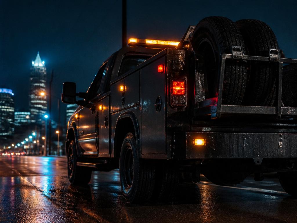 Pops' & Sons roadside assistance truck at night in Milwaukee